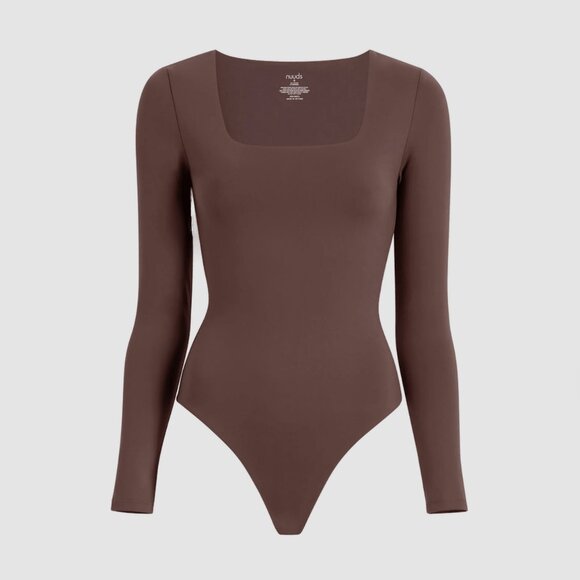 Nuuds Coffee Long Sleeve Square Neck Thong Style Bodysuit - Picture 1 of 6